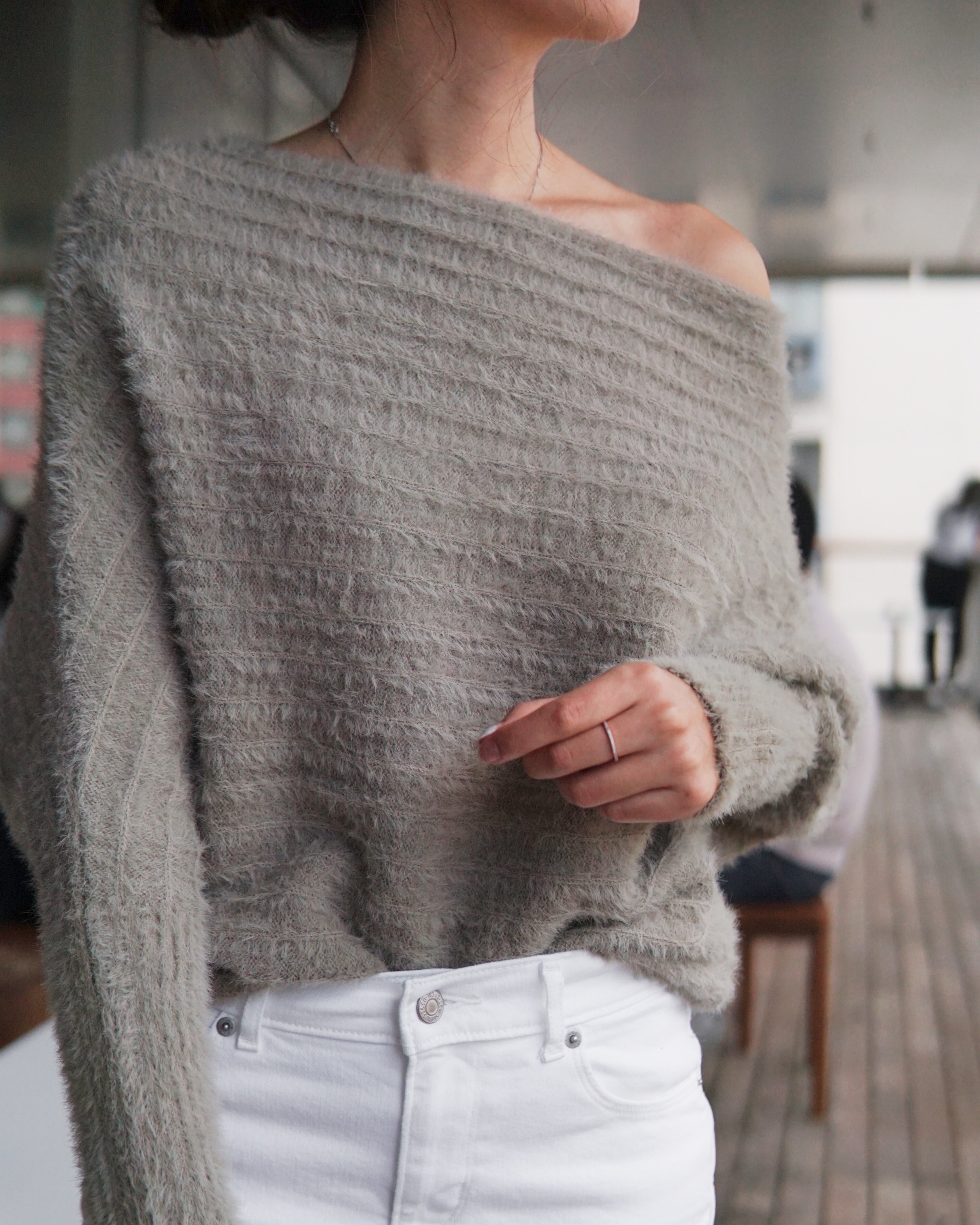 Fuzzy Ribbed Boatneck Sweater