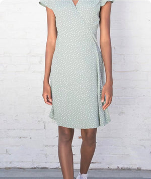 brandy melville robbie dress blue Brandy Melville Dress Women's S Blue Floral Robbie Mini Wrap V-Neck Self Tie Y2K