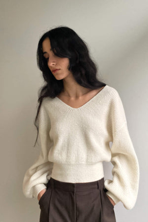 Balloon-Sleeve V Neck Sweater