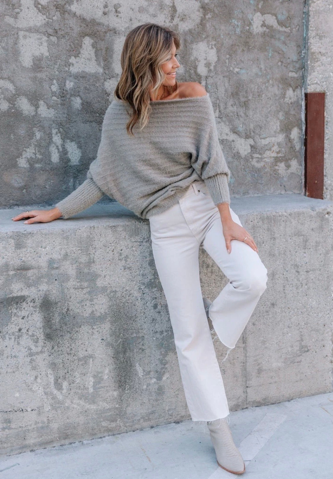 Fuzzy Ribbed Boatneck Sweater